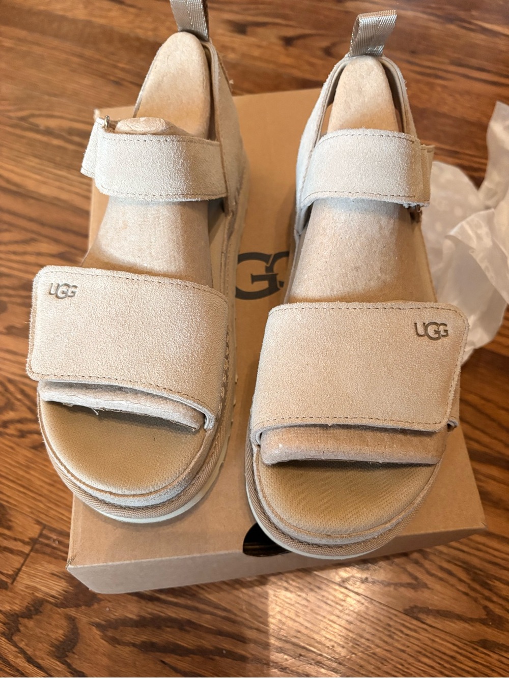 UGG Women's Beige Suede Velcro Wedge Sandals